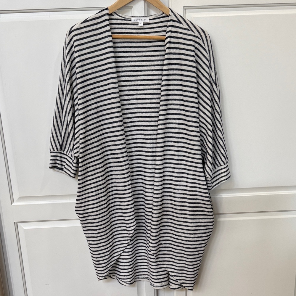 DownEast Navy Blue and White Striped Open Front Cardigan